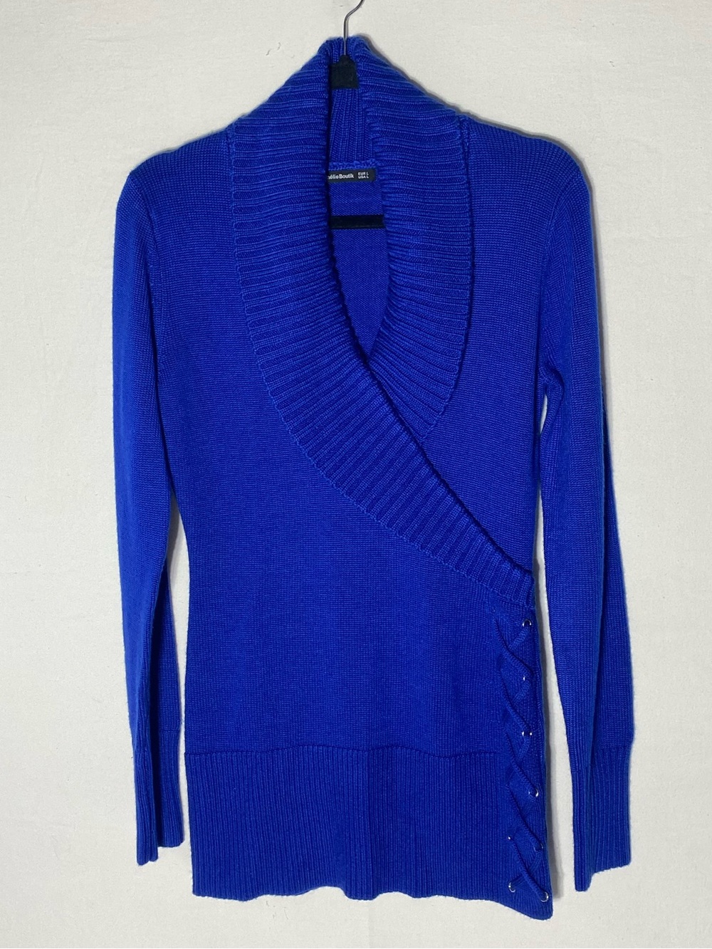 Amelie Boutik Royal Blue Shawl Collar Faux Wrap Side Laces Sweater L